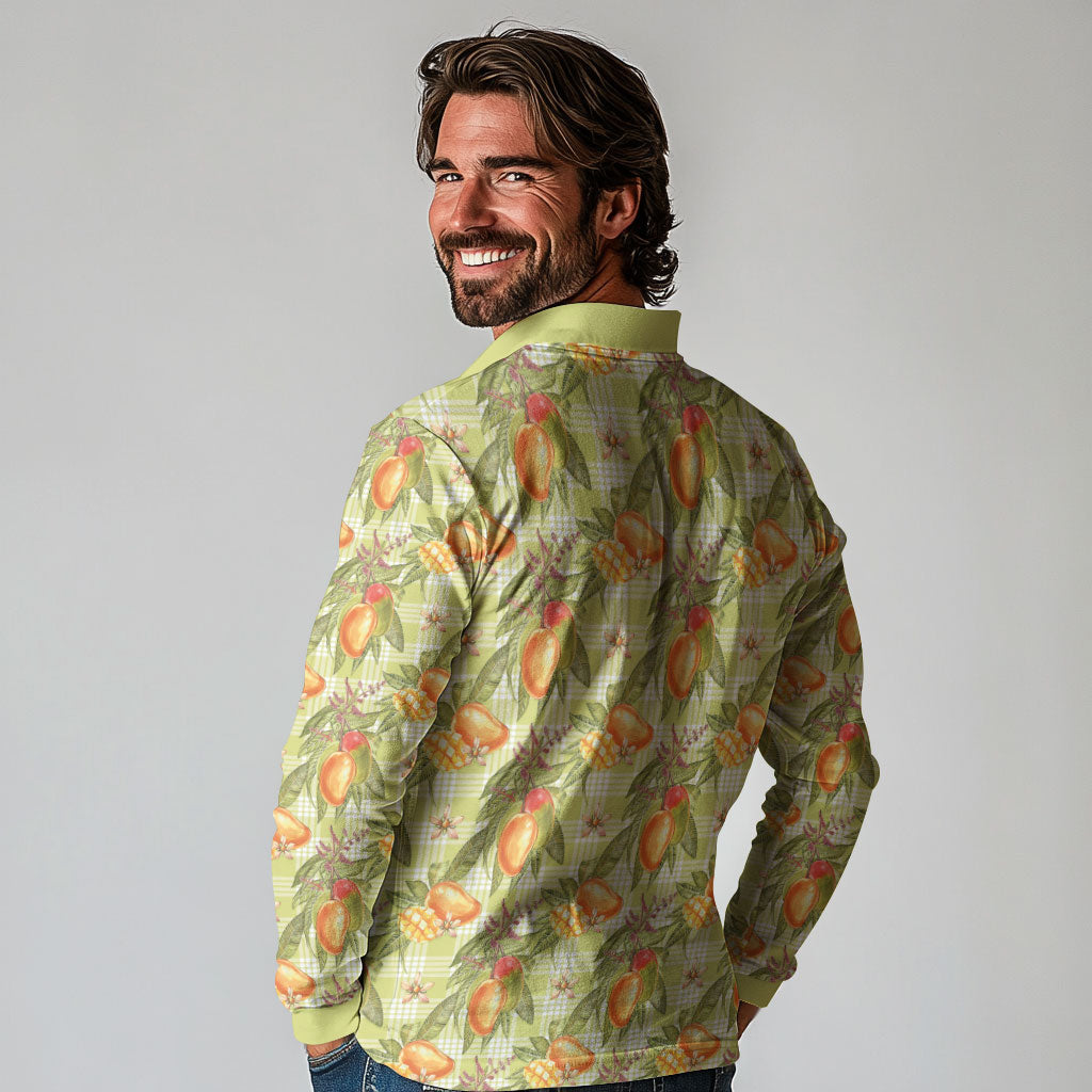 Vintage Hawaii Mango Long Sleeve Polo Shirt Yellow Green Hawaiian Palaka
