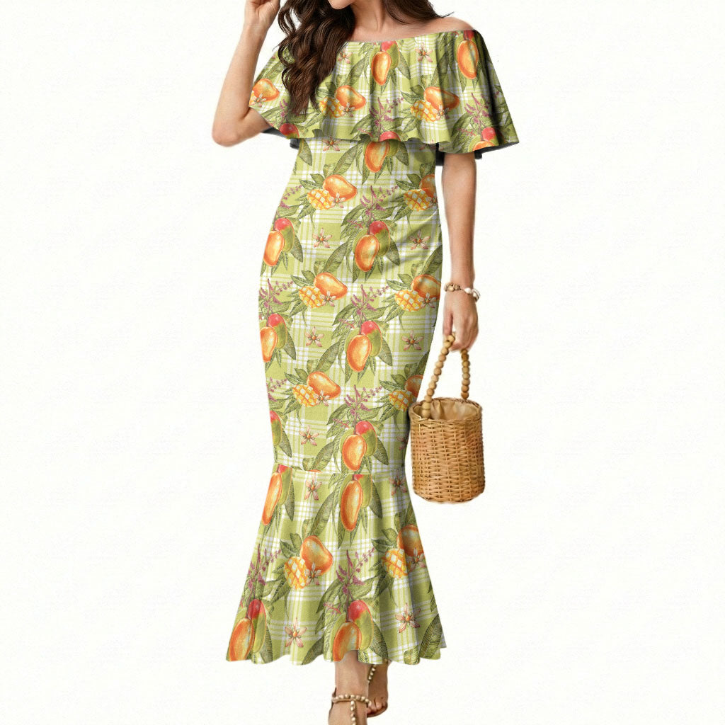 Vintage Hawaii Mango Mermaid Dress Yellow Green Hawaiian Palaka