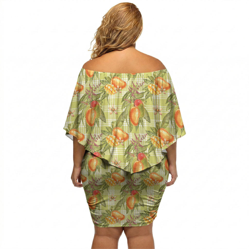 Vintage Hawaii Mango Off Shoulder Short Dress Yellow Green Hawaiian Palaka