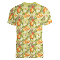 Vintage Hawaii Mango Women V-Neck T-Shirt Yellow Green Hawaiian Palaka