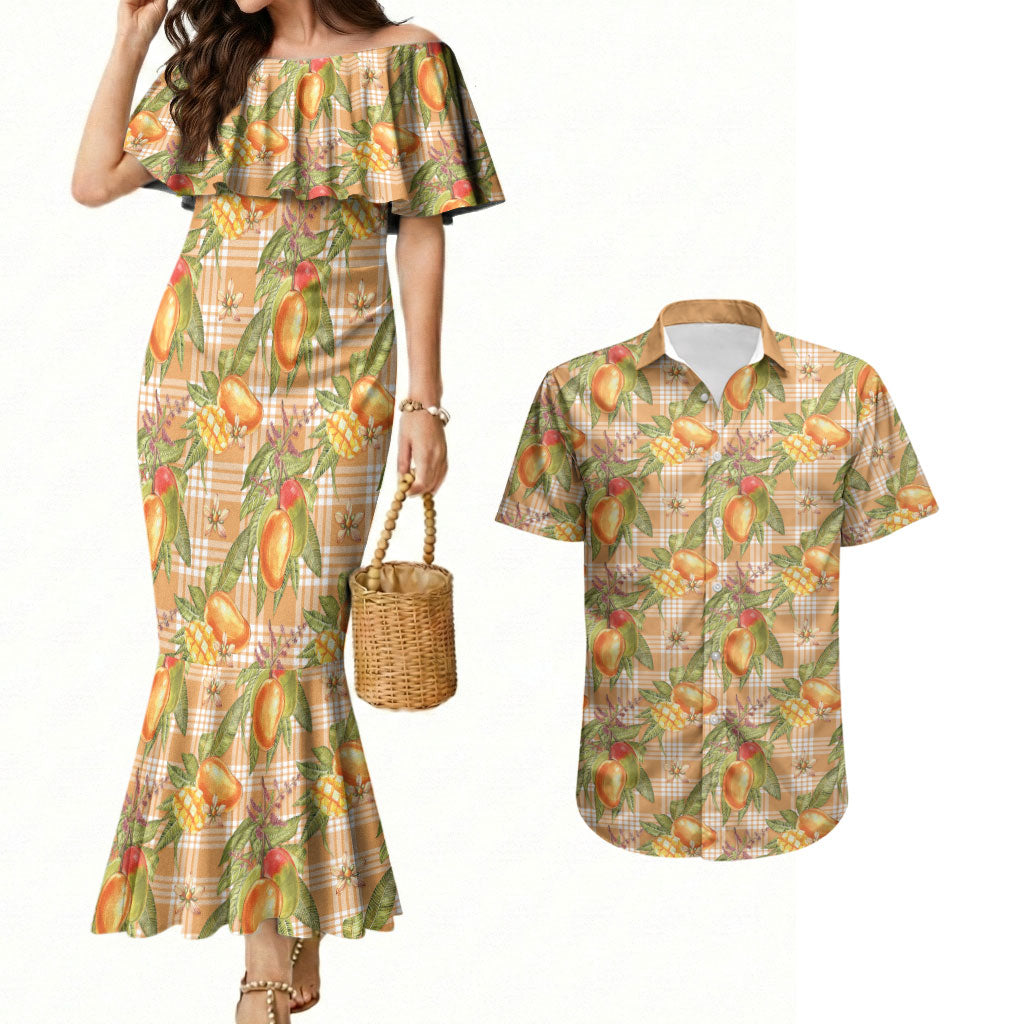 Vintage Hawaii Mango Couples Matching Mermaid Dress and Hawaiian Shirt Coral Hawaiian Palaka