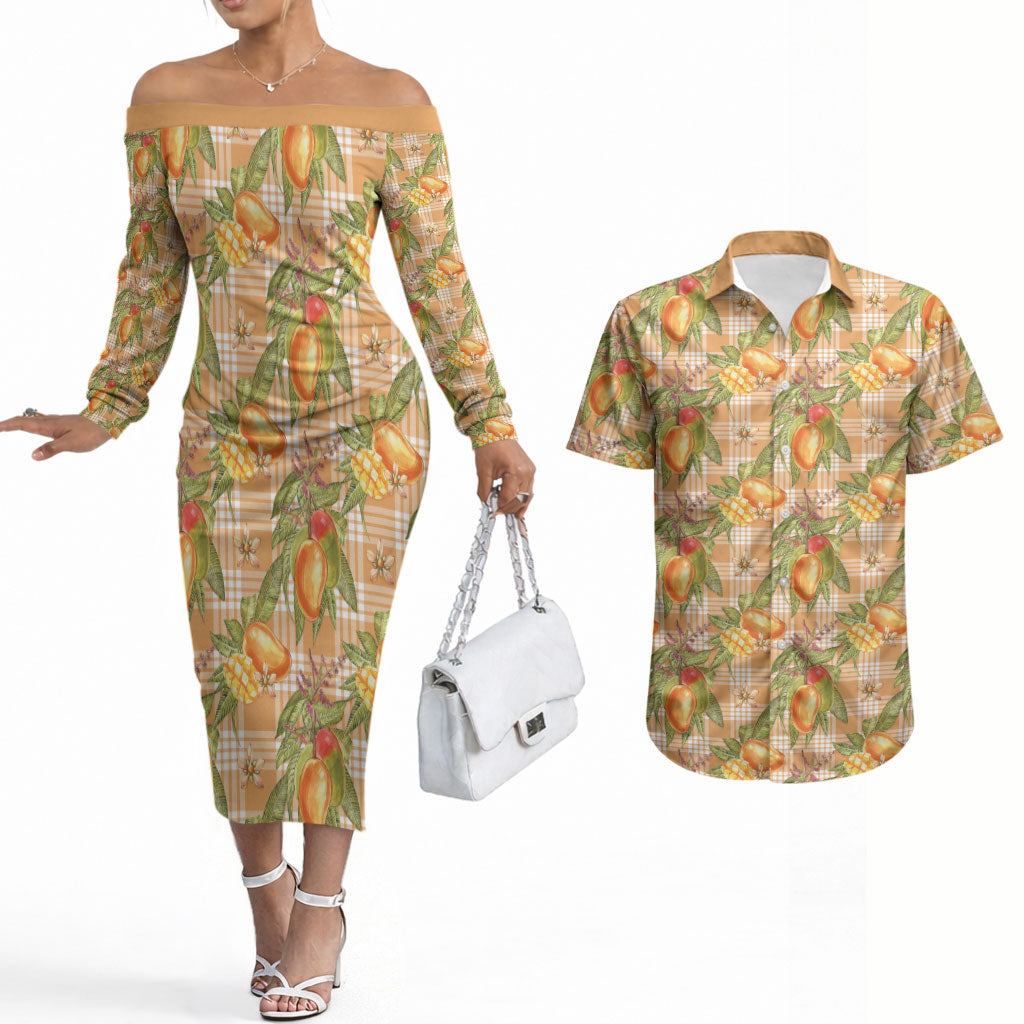 Vintage Hawaii Mango Couples Matching Off The Shoulder Long Sleeve Dress and Hawaiian Shirt Coral Hawaiian Palaka