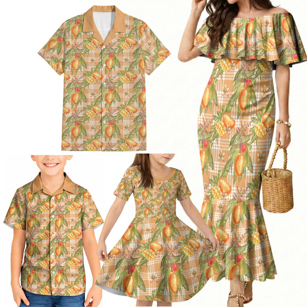 Vintage Hawaii Mango Family Matching Mermaid Dress and Hawaiian Shirt Coral Hawaiian Palaka
