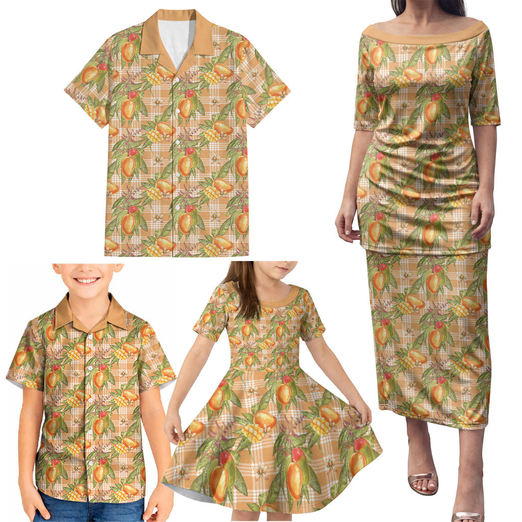 Vintage Hawaii Mango Family Matching Puletasi and Hawaiian Shirt Coral Hawaiian Palaka