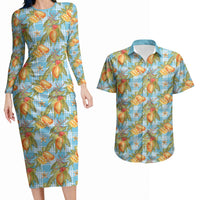 Vintage Hawaii Mango Couples Matching Long Sleeve Bodycon Dress and Hawaiian Shirt Blue Hawaiian Palaka