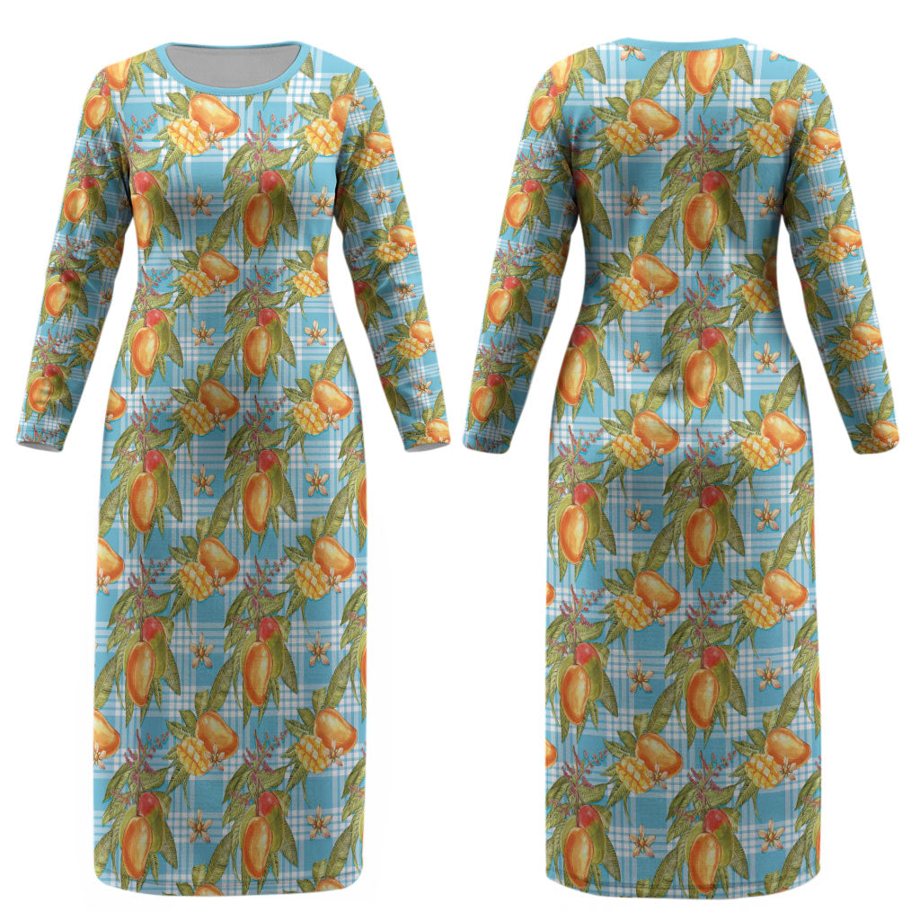 Vintage Hawaii Mango Couples Matching Long Sleeve Bodycon Dress and Hawaiian Shirt Blue Hawaiian Palaka