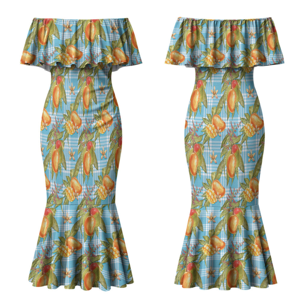 Vintage Hawaii Mango Couples Matching Mermaid Dress and Hawaiian Shirt Blue Hawaiian Palaka