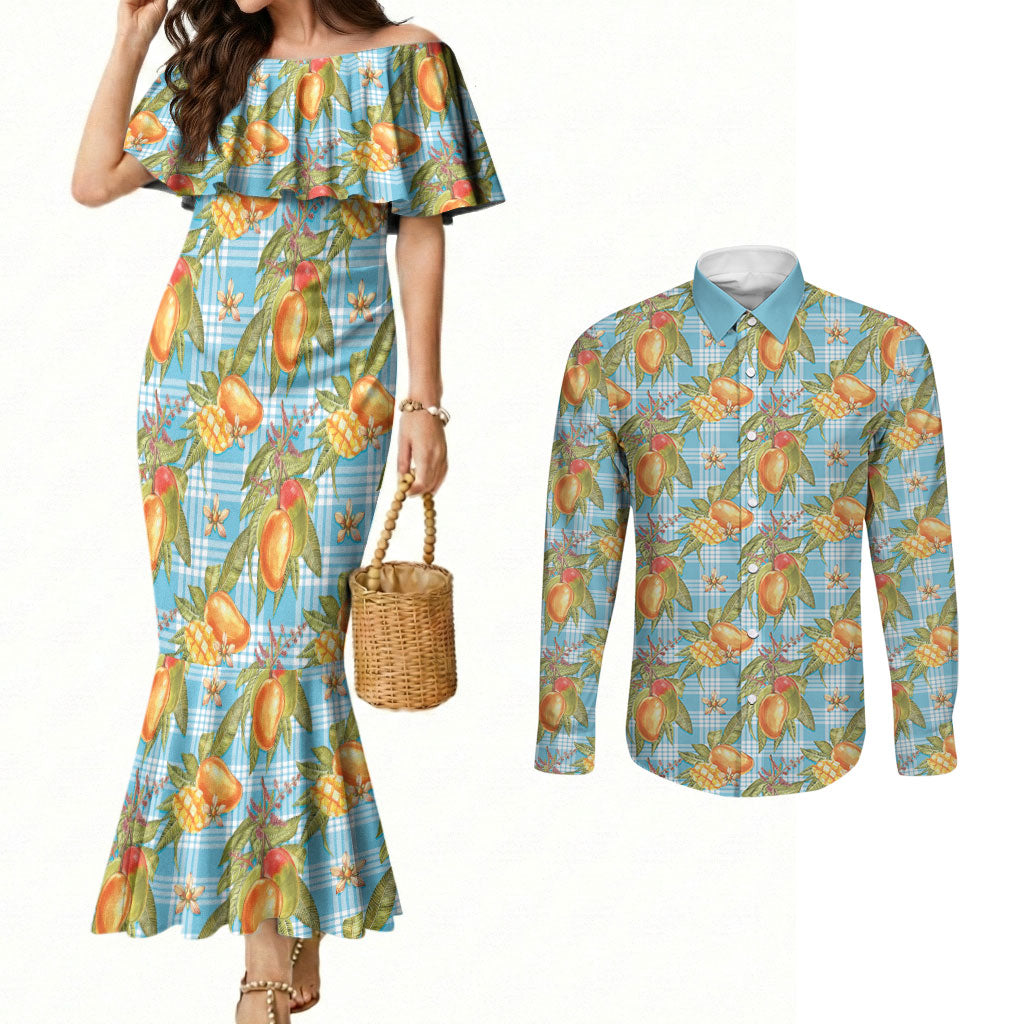 Vintage Hawaii Mango Couples Matching Mermaid Dress and Long Sleeve Button Shirt Blue Hawaiian Palaka