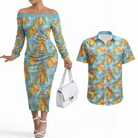 Vintage Hawaii Mango Couples Matching Off The Shoulder Long Sleeve Dress and Hawaiian Shirt Blue Hawaiian Palaka
