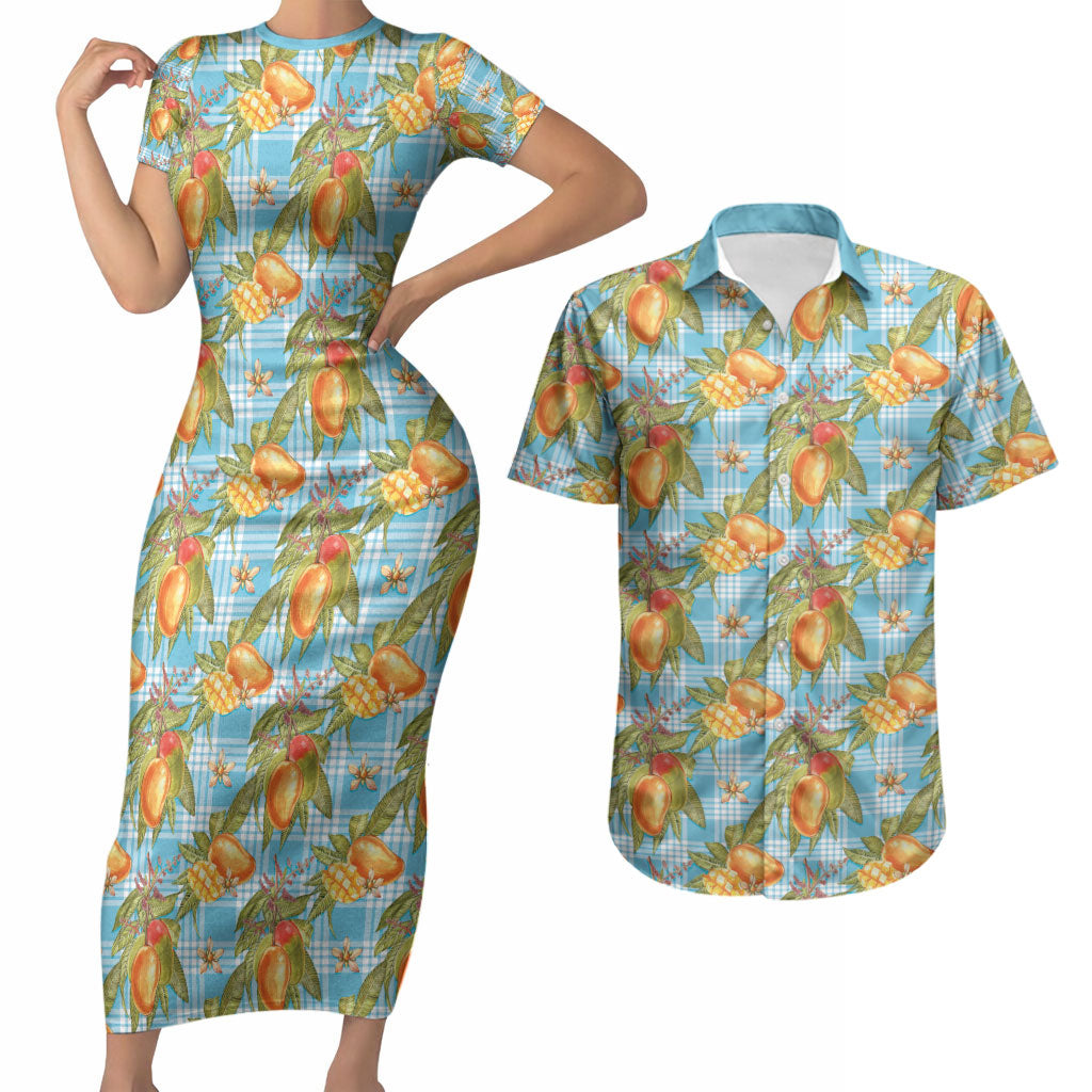 Vintage Hawaii Mango Couples Matching Short Sleeve Bodycon Dress and Hawaiian Shirt Blue Hawaiian Palaka
