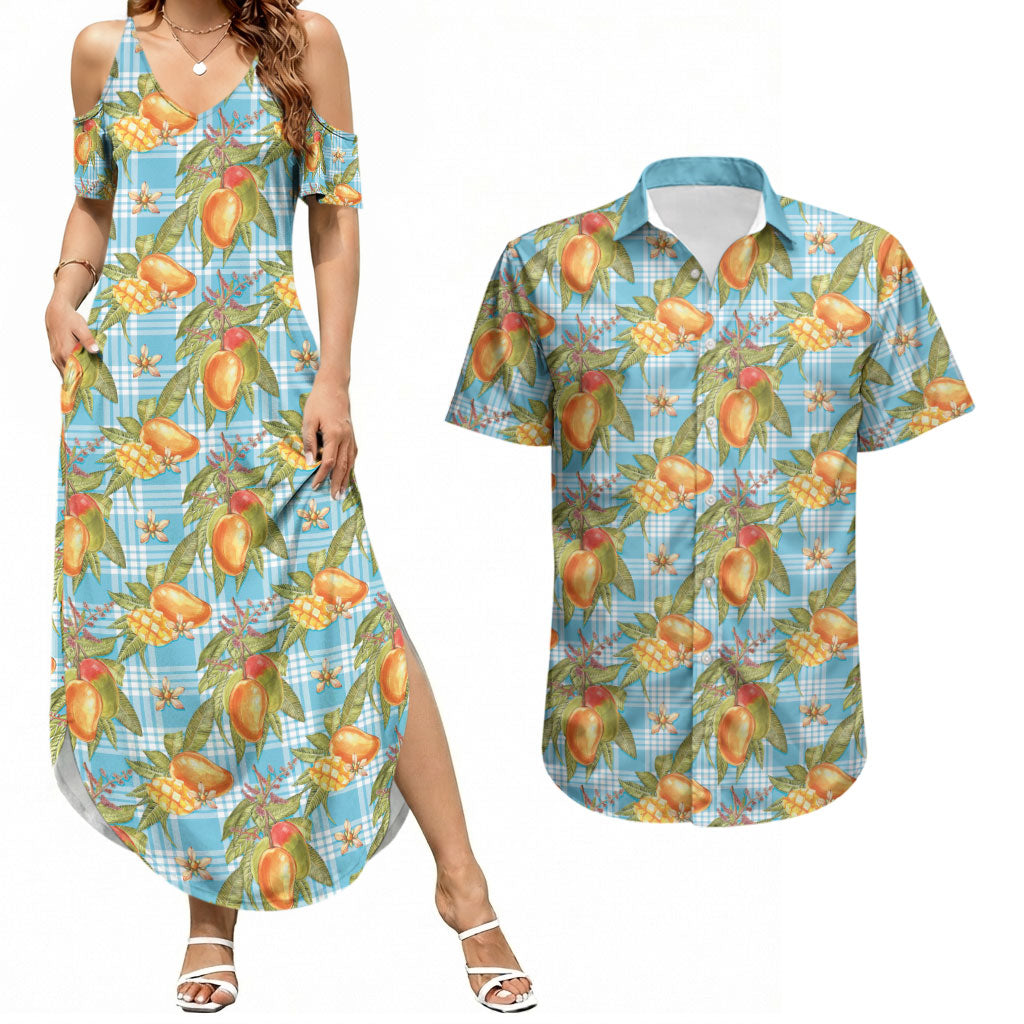 Vintage Hawaii Mango Couples Matching Summer Maxi Dress and Hawaiian Shirt Blue Hawaiian Palaka