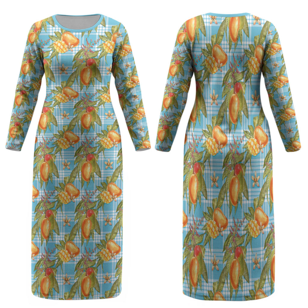 Vintage Hawaii Mango Family Matching Long Sleeve Bodycon Dress and Hawaiian Shirt Blue Hawaiian Palaka