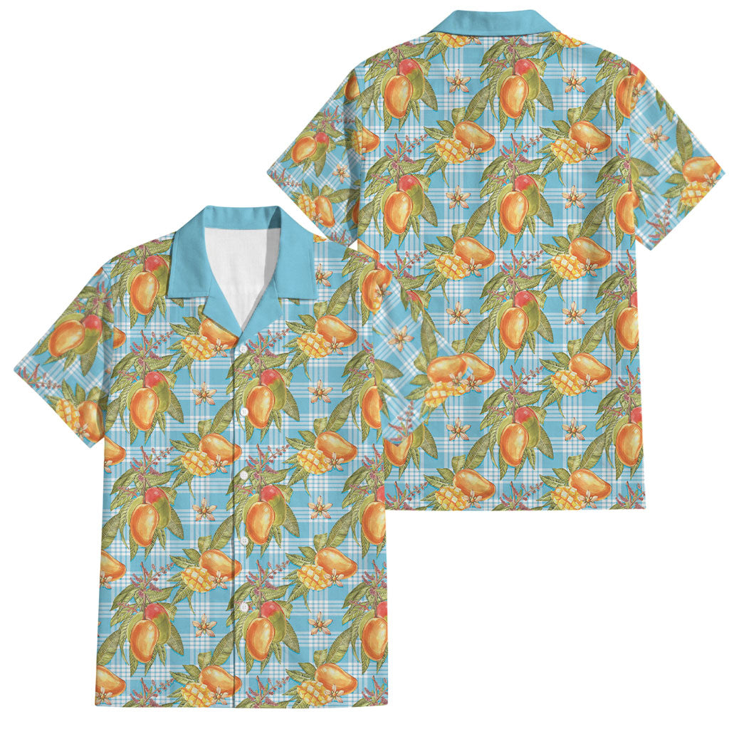 Vintage Hawaii Mango Family Matching Off The Shoulder Long Sleeve Dress and Hawaiian Shirt Blue Hawaiian Palaka
