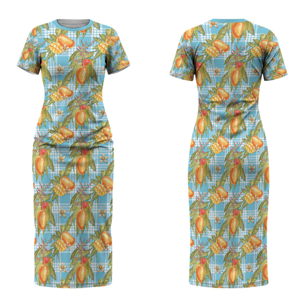 Vintage Hawaii Mango Family Matching Short Sleeve Bodycon Dress and Hawaiian Shirt Blue Hawaiian Palaka