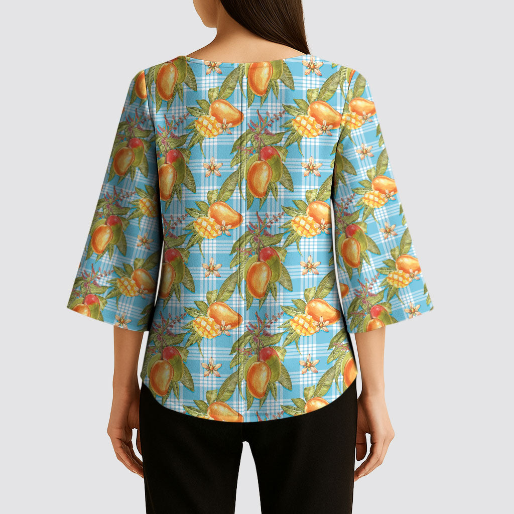 Vintage Hawaii Mango Kimono Sleeve Blouse Blue Hawaiian Palaka