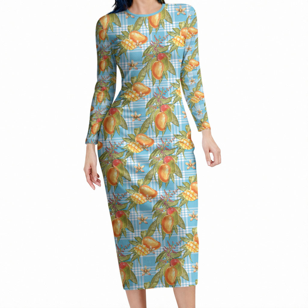 Vintage Hawaii Mango Long Sleeve Bodycon Dress Blue Hawaiian Palaka