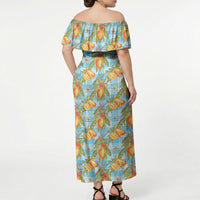 Vintage Hawaii Mango Off Shoulder Maxi Dress Blue Hawaiian Palaka