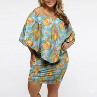 Vintage Hawaii Mango Off Shoulder Short Dress Blue Hawaiian Palaka