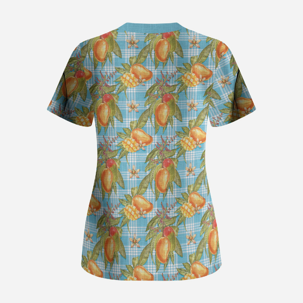Vintage Hawaii Mango Scrub Top Blue Hawaiian Palaka