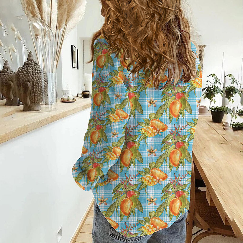 Vintage Hawaii Mango Women Casual Shirt Blue Hawaiian Palaka