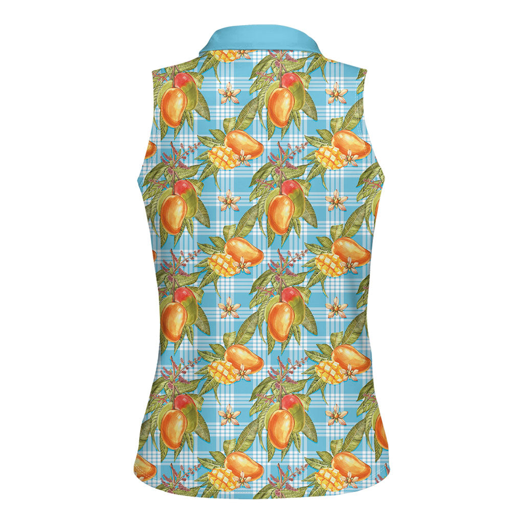 Vintage Hawaii Mango Women Sleeveless Polo Shirt Blue Hawaiian Palaka