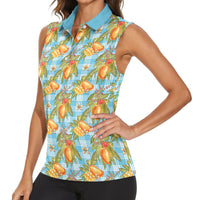 Vintage Hawaii Mango Women Sleeveless Polo Shirt Blue Hawaiian Palaka