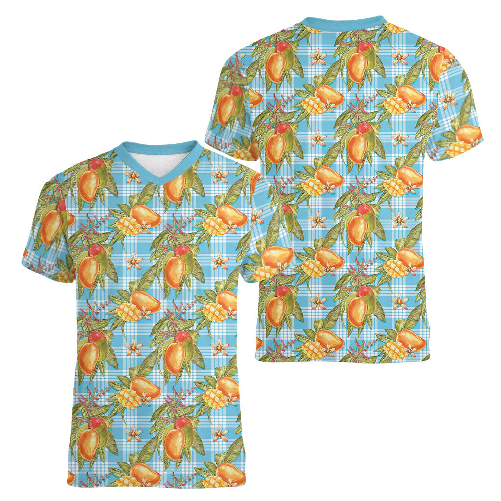 Vintage Hawaii Mango Women V-Neck T-Shirt Blue Hawaiian Palaka