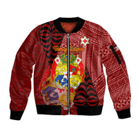 Personalized Tonga Sleeve Zip Bomber Jacket Coat Of Arms Tongatapu With Ngatu Pattern LT05 Unisex Red - Polynesian Pride