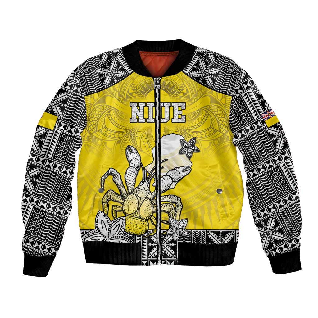Personalised Happy Niue Constitution Day Bomber Jacket Niuean Crab Hiapo Pattern Yellow Version LT05 Unisex Yellow - Polynesian Pride