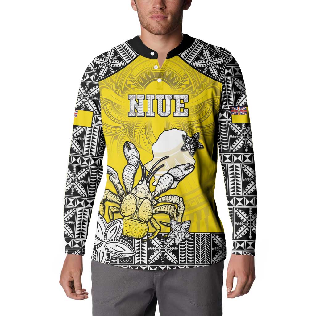 Personalised Happy Niue Constitution Day Button Sweatshirt Niuean Crab Hiapo Pattern Yellow Version