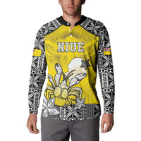 Personalised Happy Niue Constitution Day Button Sweatshirt Niuean Crab Hiapo Pattern Yellow Version