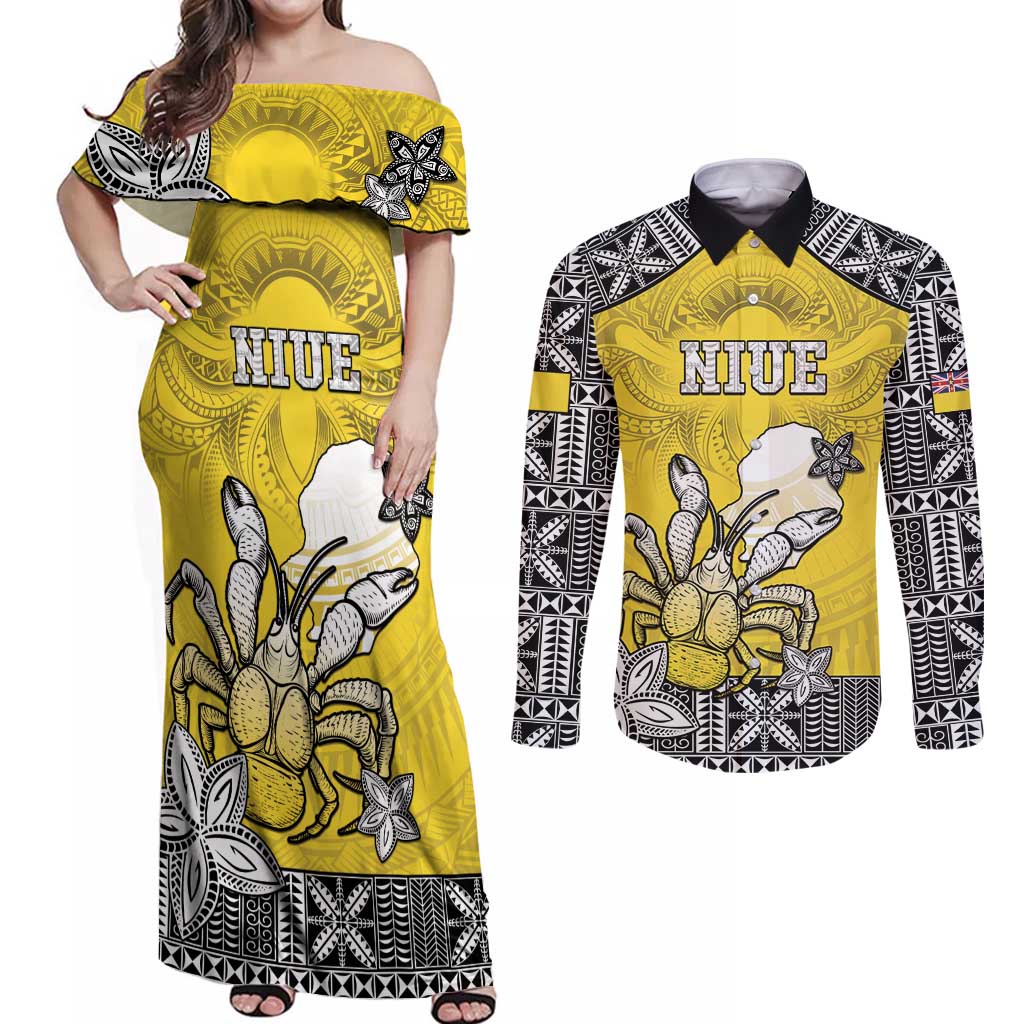 Personalised Happy Niue Constitution Day Couples Matching Off Shoulder Maxi Dress and Long Sleeve Button Shirt Niuean Crab Hiapo Pattern Yellow Version LT05 Yellow - Polynesian Pride