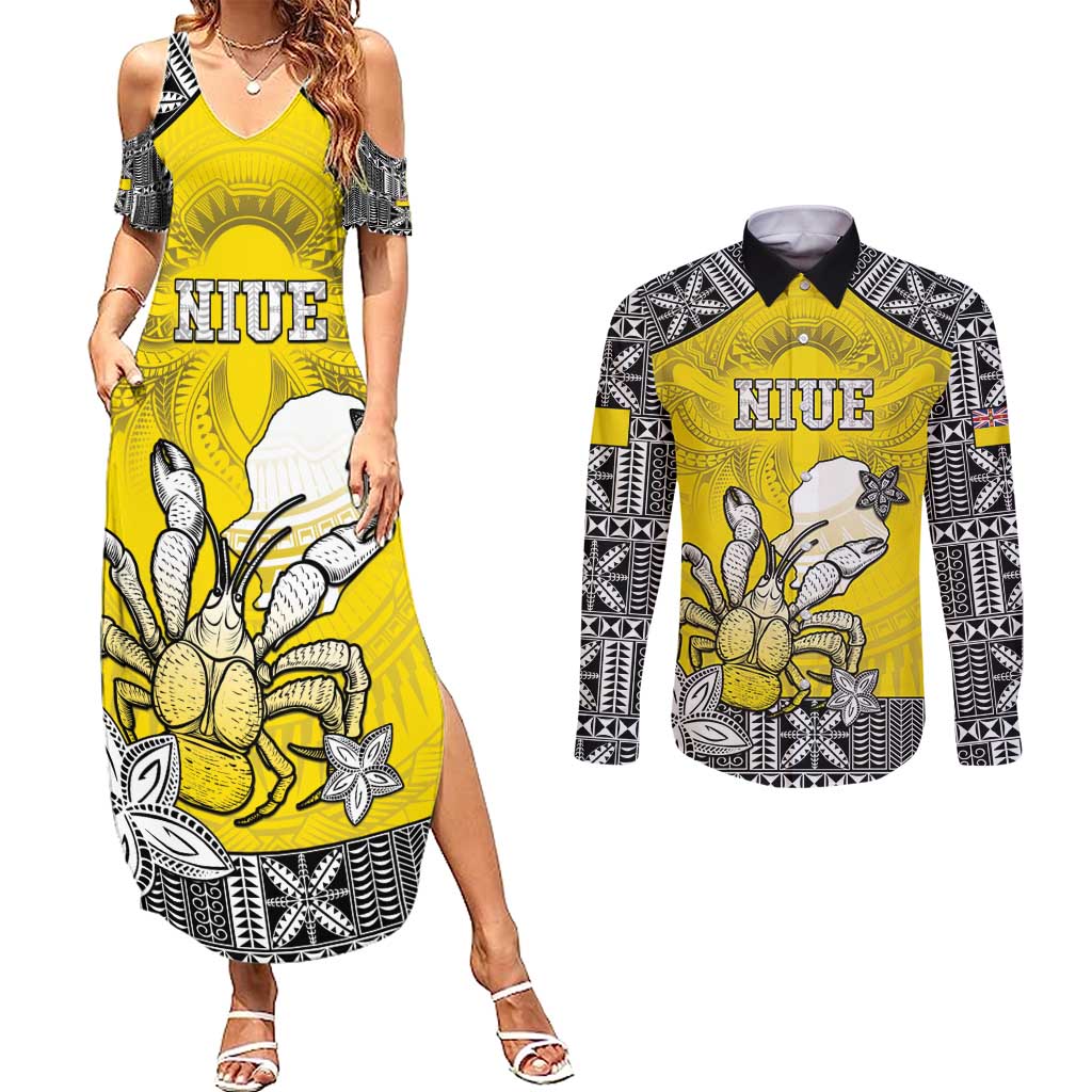 Personalised Happy Niue Constitution Day Couples Matching Summer Maxi Dress and Long Sleeve Button Shirt Niuean Crab Hiapo Pattern Yellow Version LT05 Yellow - Polynesian Pride