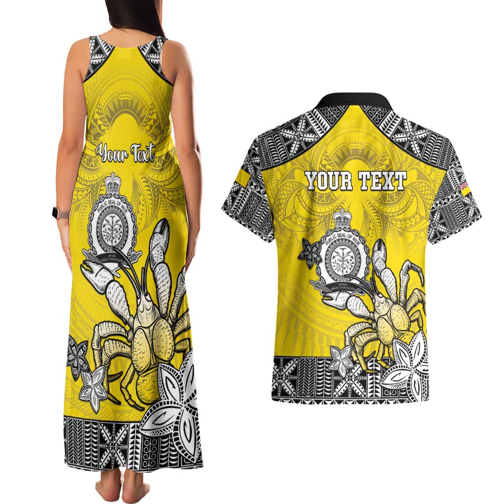 Personalised Happy Niue Constitution Day Couples Matching Tank Maxi Dress and Hawaiian Shirt Niuean Crab Hiapo Pattern Yellow Version