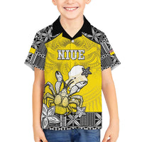 Personalised Happy Niue Constitution Day Family Matching Long Sleeve Bodycon Dress and Hawaiian Shirt Niuean Crab Hiapo Pattern Yellow Version