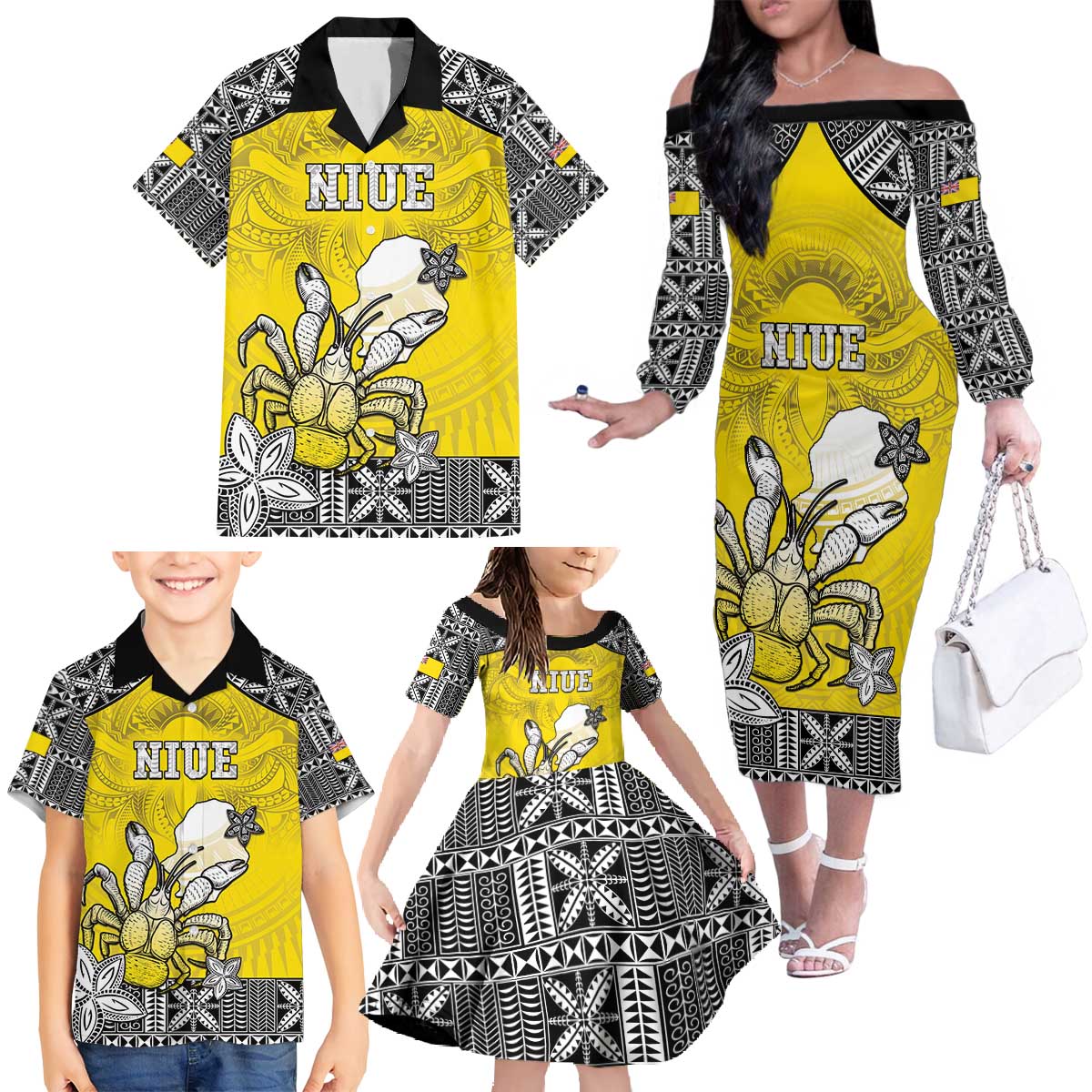 Personalised Happy Niue Constitution Day Family Matching Off The Shoulder Long Sleeve Dress and Hawaiian Shirt Niuean Crab Hiapo Pattern Yellow Version LT05 - Polynesian Pride