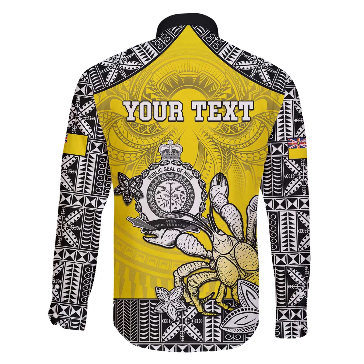 Personalised Happy Niue Constitution Day Family Matching Off Shoulder Short Dress and Hawaiian Shirt Niuean Crab Hiapo Pattern Yellow Version