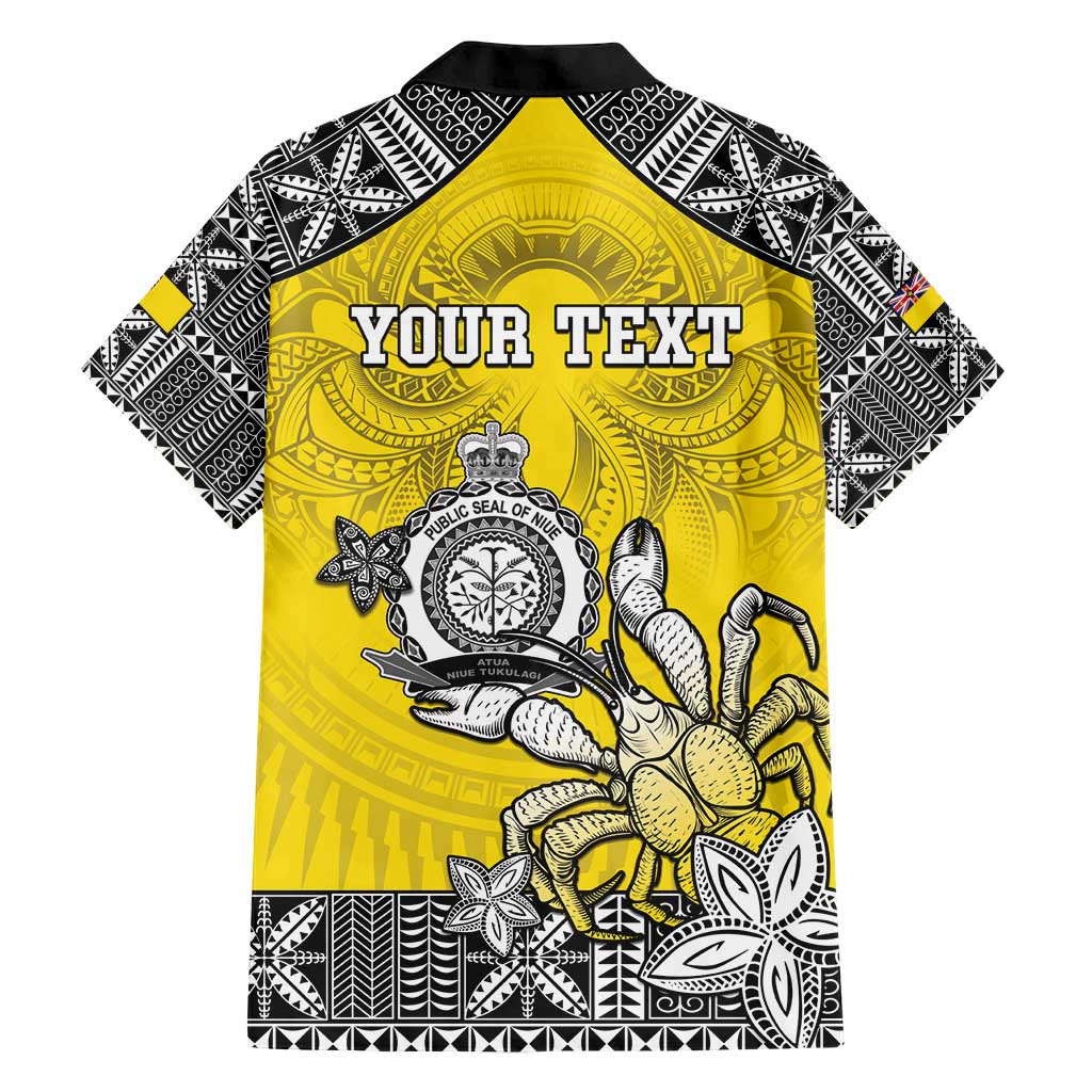 Personalised Happy Niue Constitution Day Family Matching Short Sleeve Bodycon Dress and Hawaiian Shirt Niuean Crab Hiapo Pattern Yellow Version