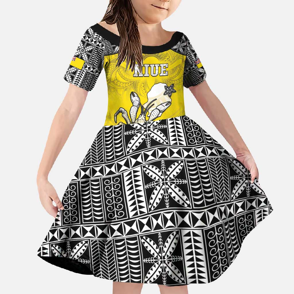 Personalised Happy Niue Constitution Day Family Matching Tank Maxi Dress and Hawaiian Shirt Niuean Crab Hiapo Pattern Yellow Version