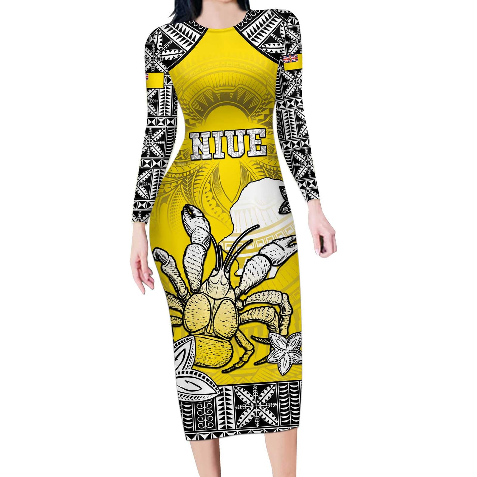 Personalised Happy Niue Constitution Day Long Sleeve Bodycon Dress Niuean Crab Hiapo Pattern Yellow Version LT05 Long Dress Yellow - Polynesian Pride
