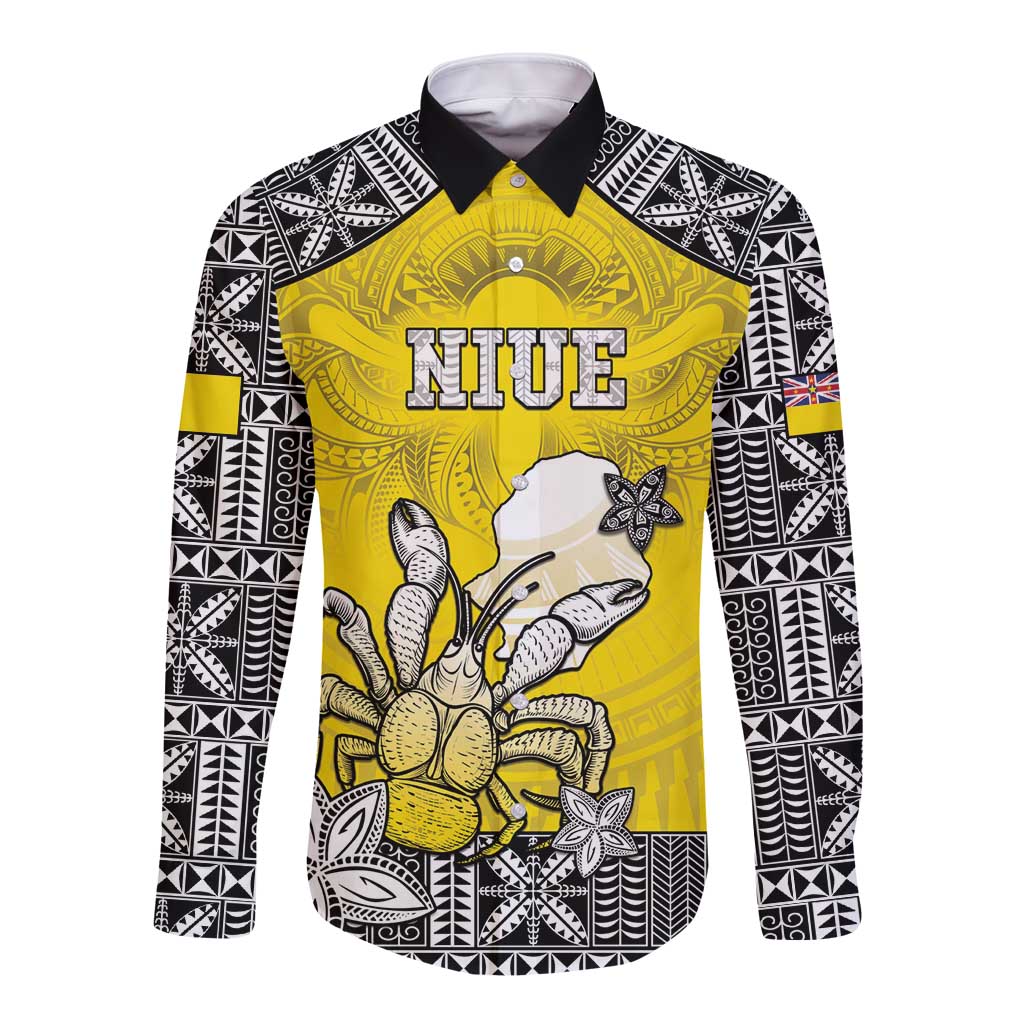 Personalised Happy Niue Constitution Day Long Sleeve Button Shirt Niuean Crab Hiapo Pattern Yellow Version LT05 Unisex Yellow - Polynesian Pride