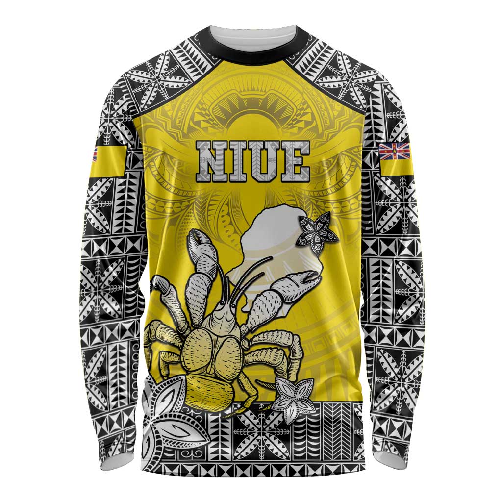 Personalised Happy Niue Constitution Day Long Sleeve Shirt Niuean Crab Hiapo Pattern Yellow Version LT05 Unisex Yellow - Polynesian Pride