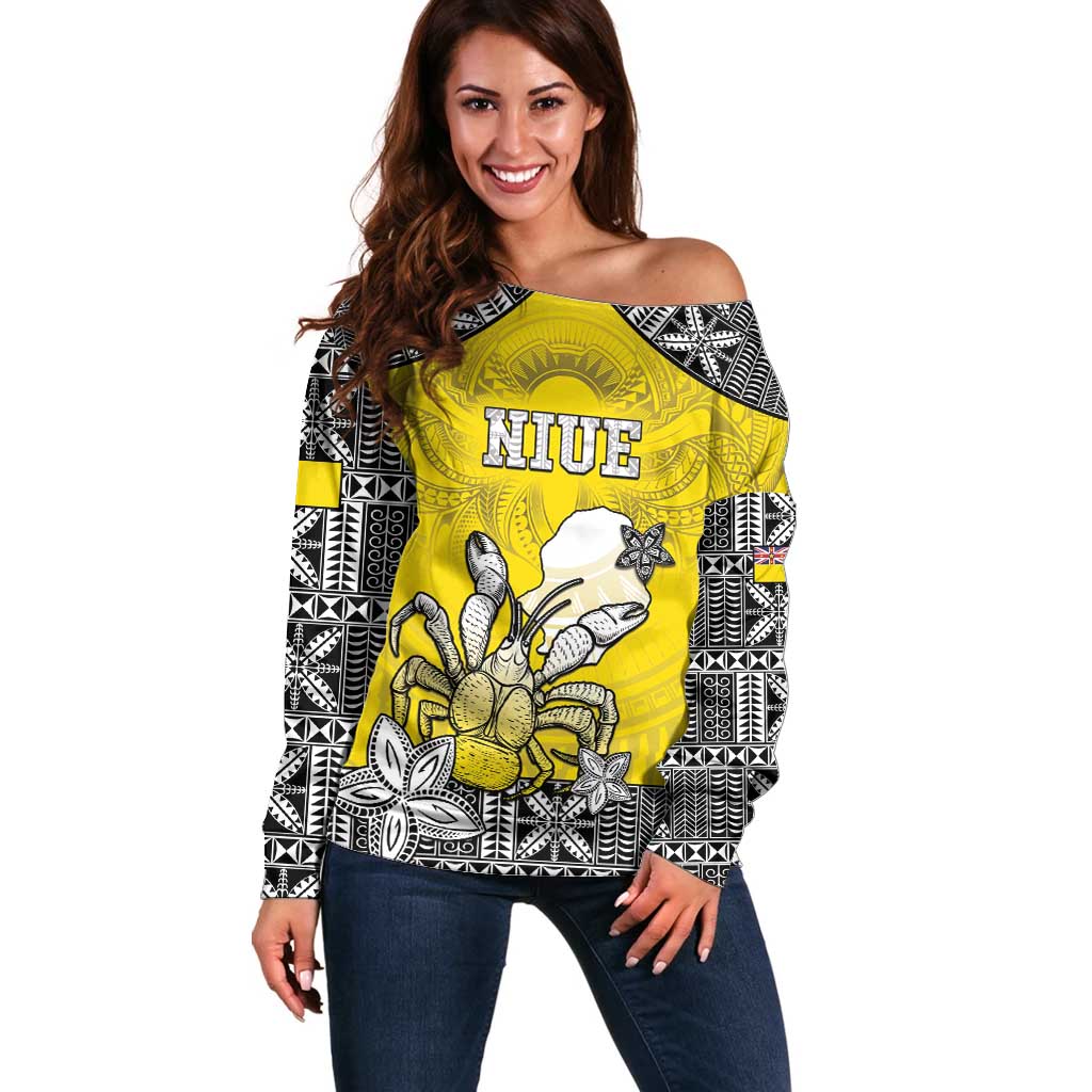 Personalised Happy Niue Constitution Day Off Shoulder Sweater Niuean Crab Hiapo Pattern Yellow Version LT05 Women Yellow - Polynesian Pride
