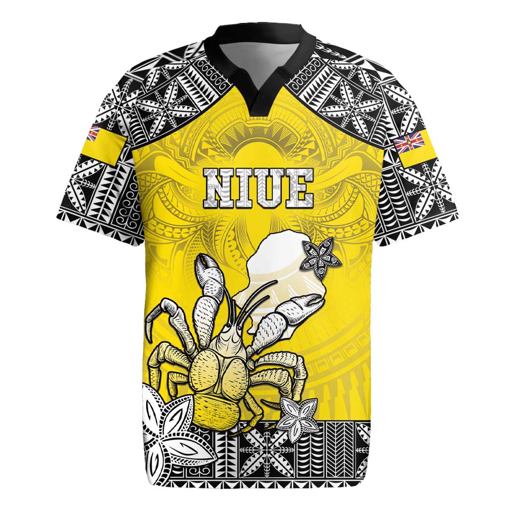 Personalised Happy Niue Constitution Day Rugby Jersey Niuean Crab Hiapo Pattern Yellow Version LT05 Yellow - Polynesian Pride