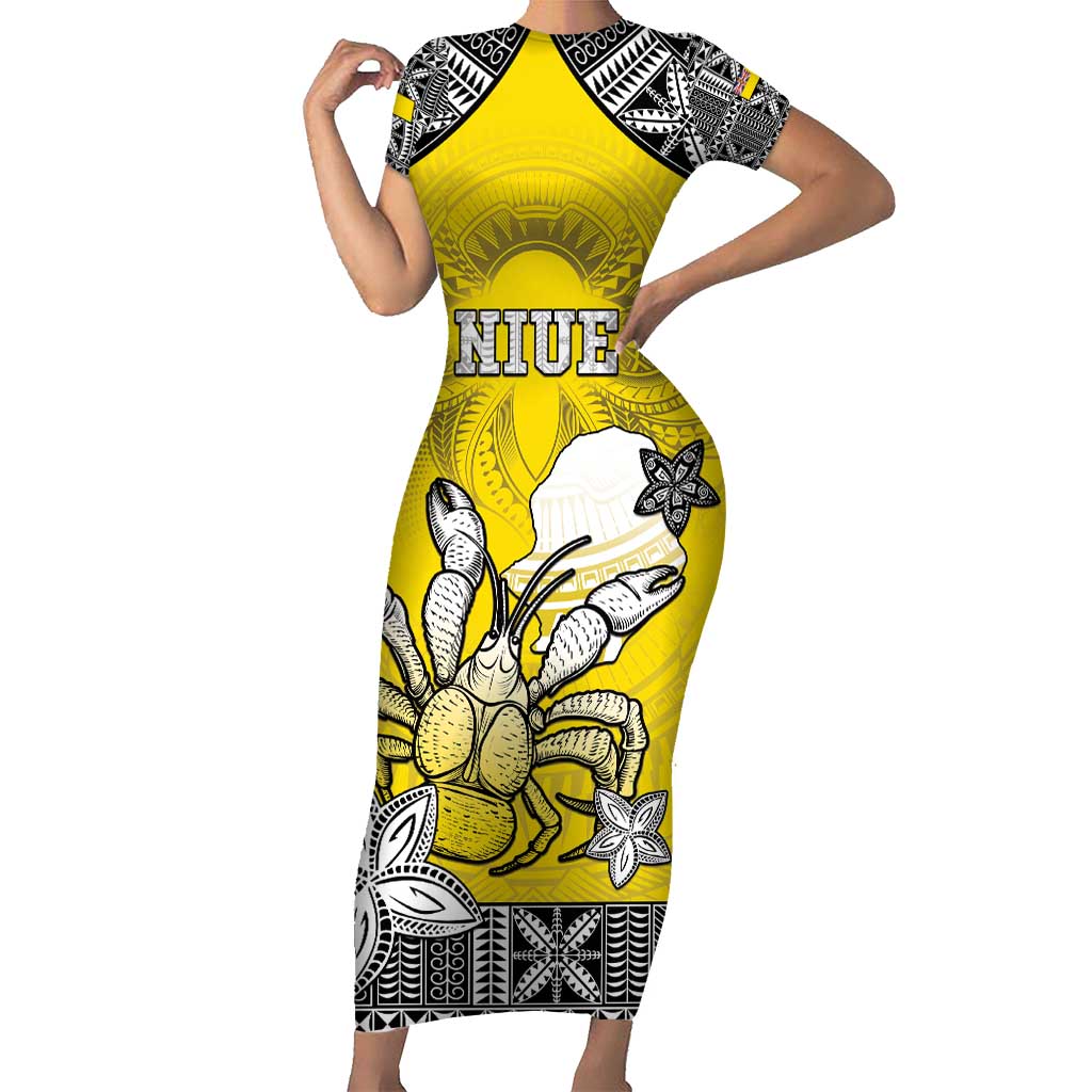Personalised Happy Niue Constitution Day Short Sleeve Bodycon Dress Niuean Crab Hiapo Pattern Yellow Version LT05 Long Dress Yellow - Polynesian Pride