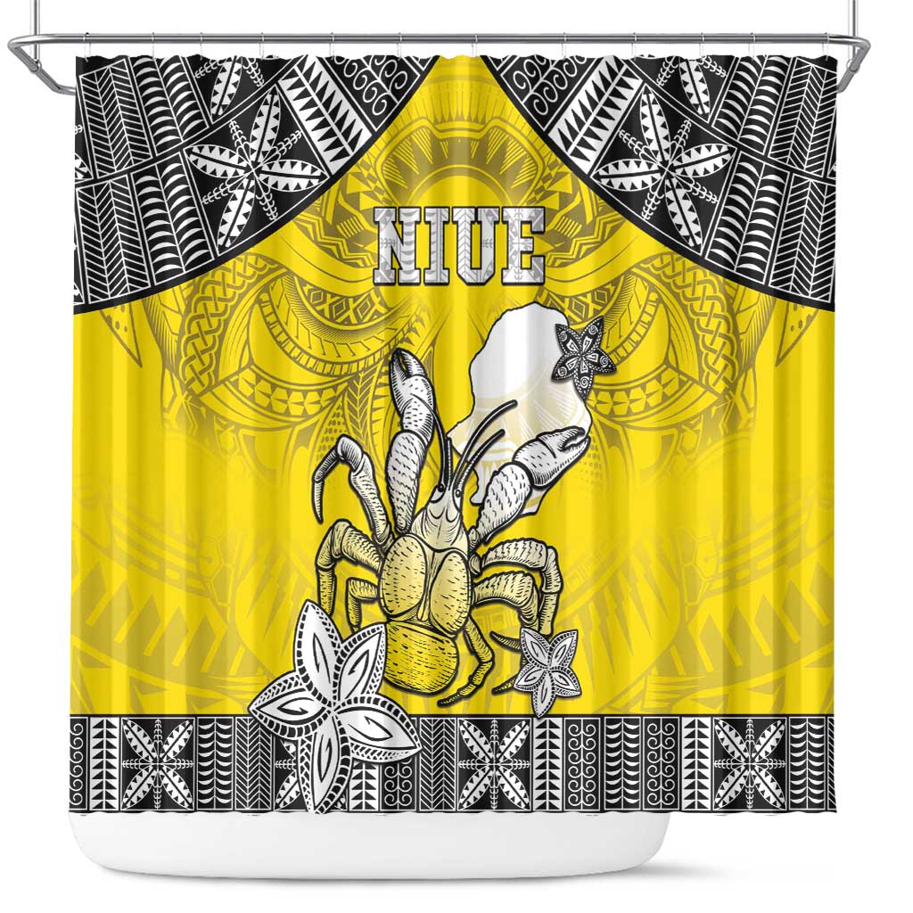 Happy Niue Constitution Day Shower Curtain Niuean Crab Hiapo Pattern Yellow Version LT05 Yellow - Polynesian Pride