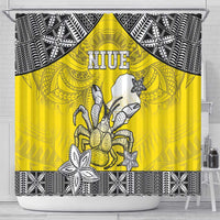 Happy Niue Constitution Day Shower Curtain Niuean Crab Hiapo Pattern Yellow Version LT05 - Polynesian Pride