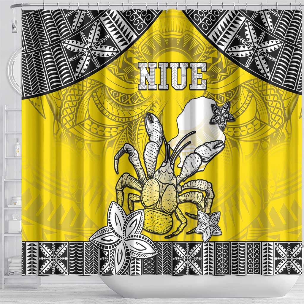 Happy Niue Constitution Day Shower Curtain Niuean Crab Hiapo Pattern Yellow Version LT05 - Polynesian Pride