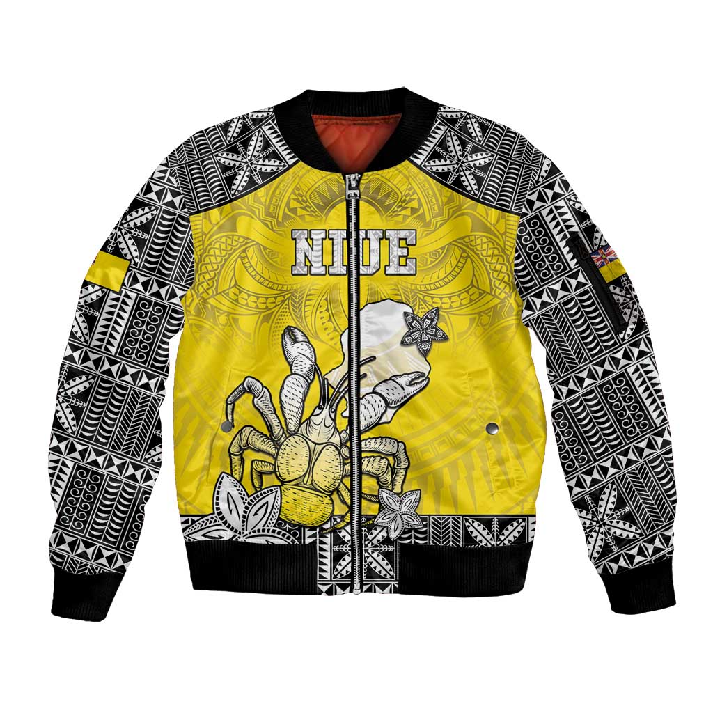 Personalised Happy Niue Constitution Day Sleeve Zip Bomber Jacket Niuean Crab Hiapo Pattern Yellow Version LT05 Unisex Yellow - Polynesian Pride