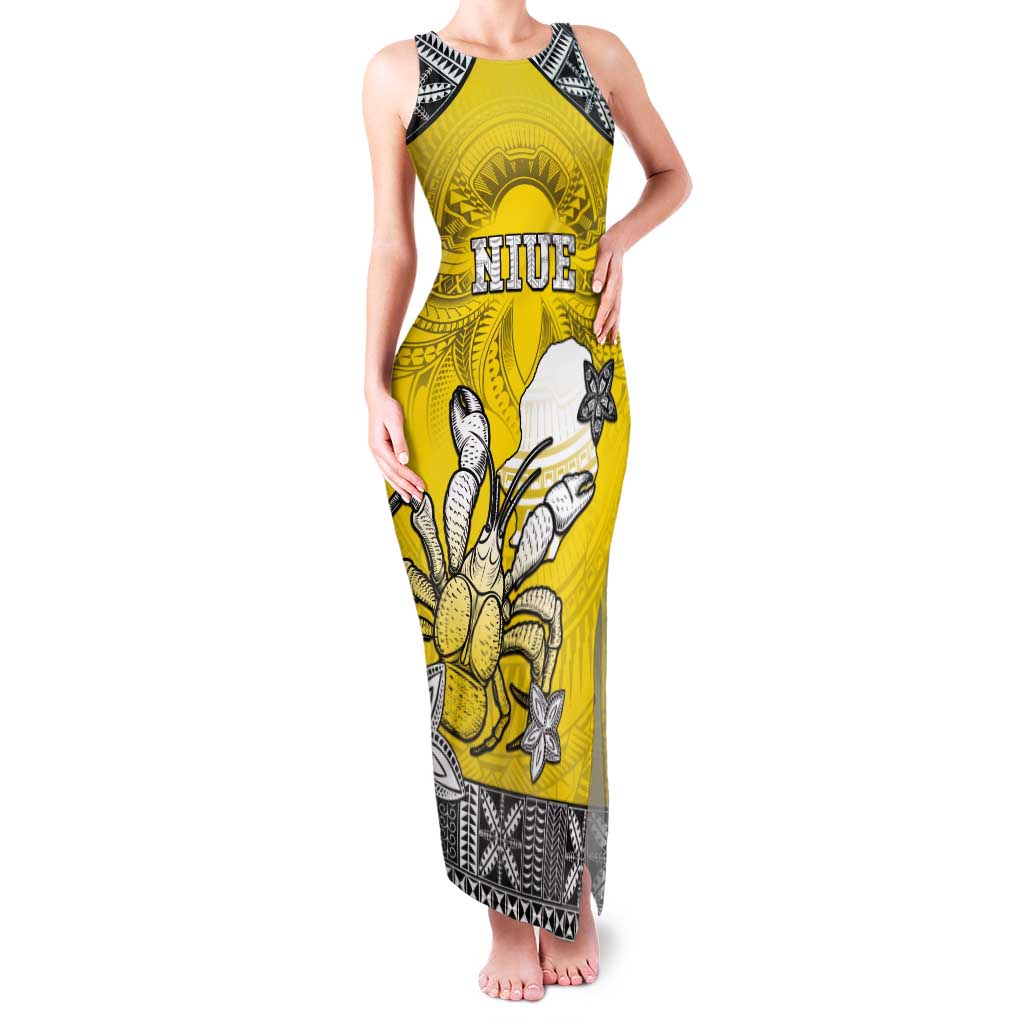 Personalised Happy Niue Constitution Day Tank Maxi Dress Niuean Crab Hiapo Pattern Yellow Version LT05 Women Yellow - Polynesian Pride